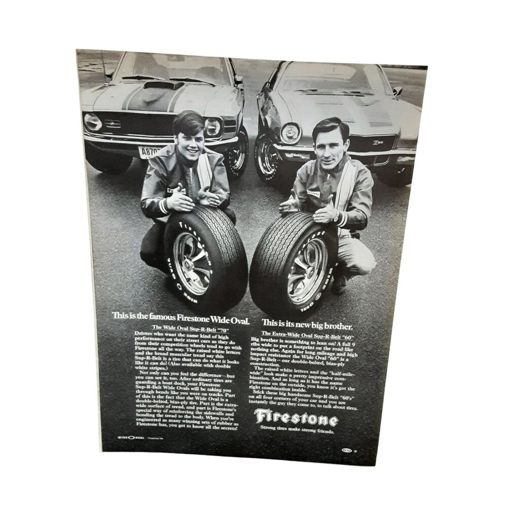 1970 Firestone Wide Oval Tires Vintage Magazine Print Ad Mustang Camaro